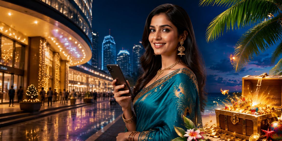 Woman using mobile casino app in saree at home